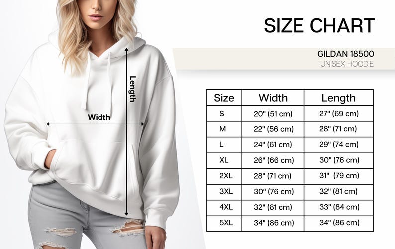 May include: Size chart for a unisex hoodie, showing measurements in inches and centimeters for sizes S through 5XL. The chart includes width and length measurements.