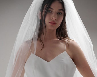 Velo de novia de velo de dos niveles, velo de capa nupcial retro, velo de tul corto, velo nupcial moderno minimalista