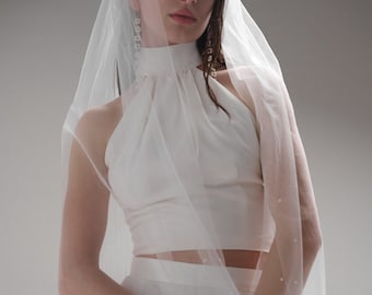 Modern Pearl Wedding Veil, Soft Tulle Bridal Veil, Minimalist Bridal Veil, Modern Bridal Accessory