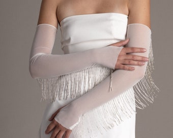 NEW Wedding Gloves With Fringe, Mesh Bridal Sleeves, Wedding Accessory For Modern Brides, White Mesh Fingerless Gloves