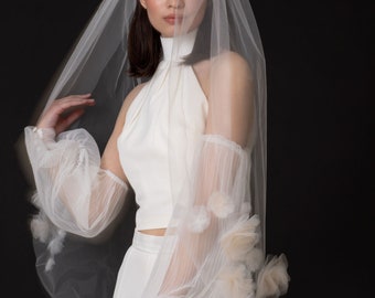 Delicate Wedding Flower Veil, Floating Soft Tulle Floral Veil, Modern Wedding Veil, Tulle Wedding Accessory