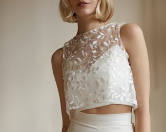 Minimalist Modern Lace Bridal Crop Top | Sheer Floral Bridal Topper | Bridal Separates | Lace Cover Up | Wedding Dress Top [Maeve Topper]