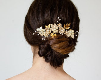 Gold Enamel Leaf Hair Comb | Laurel Leaf Hairpin | Gold Floral Hair Vine | Boho Flower Hairpiece | Wedding Hairpiece [Marilyn Headpiece]