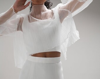 Pleated Tulle Wedding Top, Minimalist Bridal Topper, Long Sleeve Bridal Top, Wedding Dress Topper, Sheer Bridal Coverup