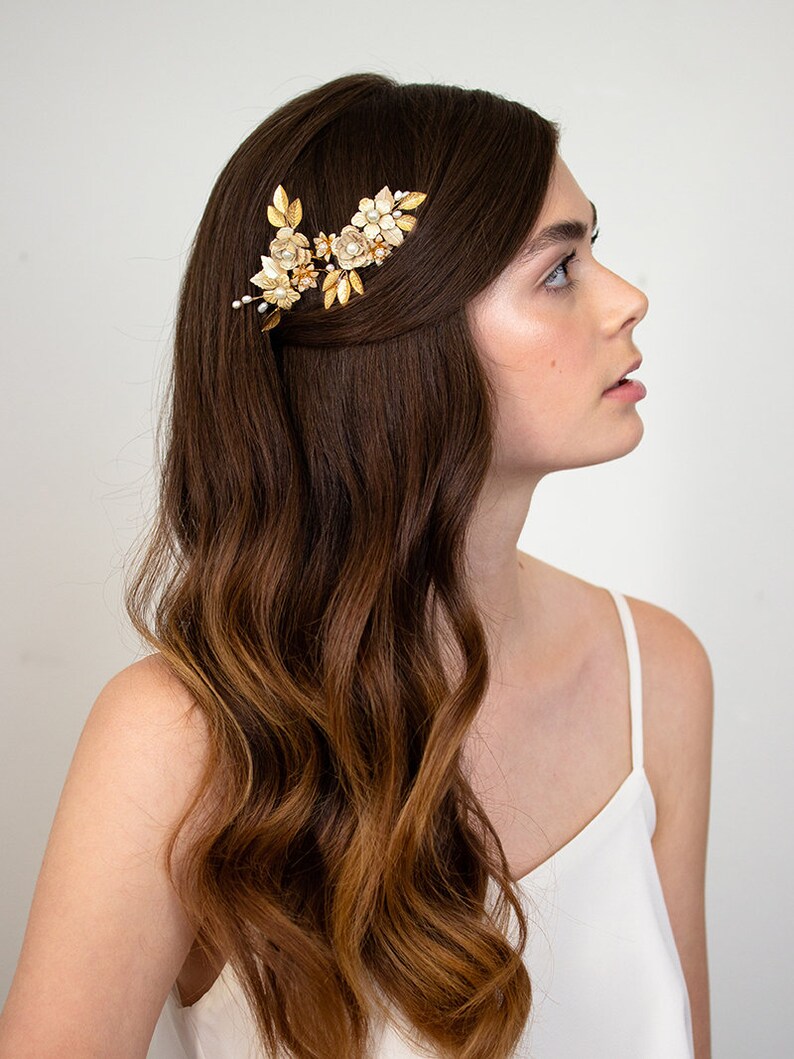 Gold Enamel Leaf Hair Comb Laurel Leaf Hairpin Gold Floral Etsy