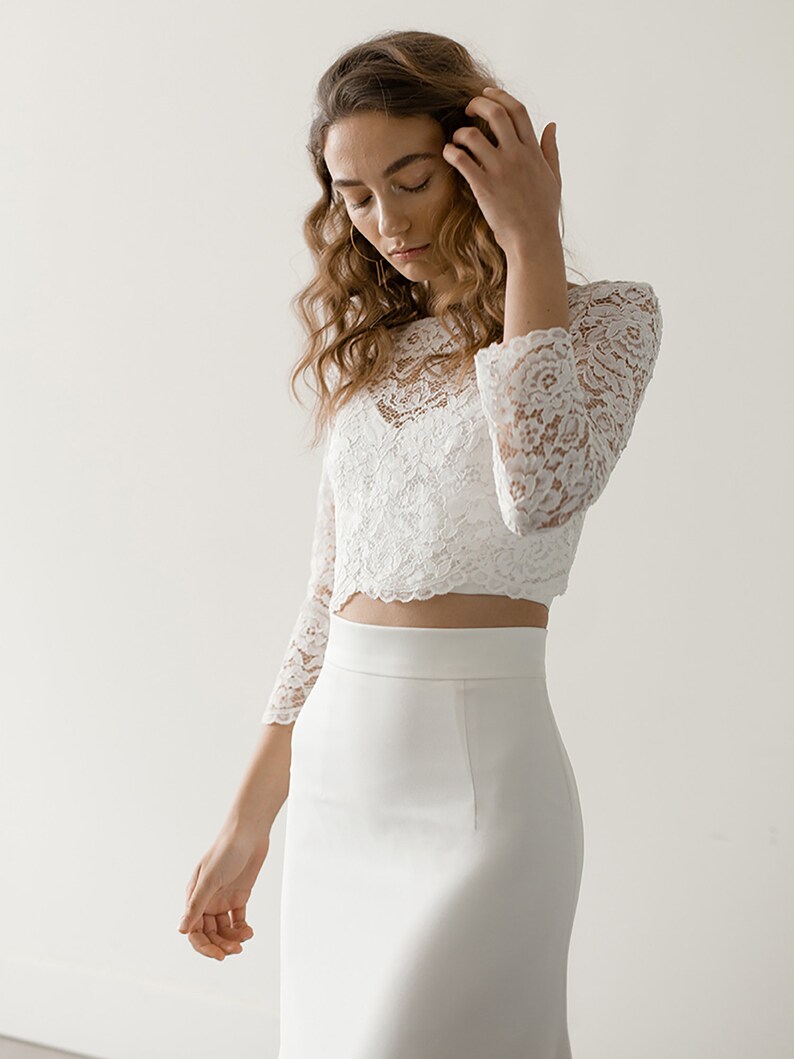 Boho Lace Bridal Crop Top Ivory 3/4 Sleeve Wedding Topper Etsy