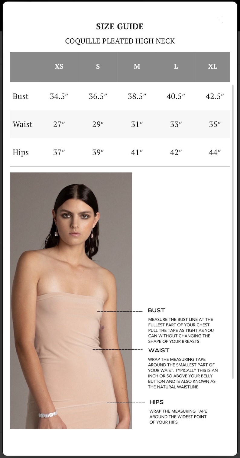 May include: Size guide for a Coquille Pleated High Neck top. The chart shows measurements in inches for bust, waist, and hips in sizes XS, S, M, L, and XL.