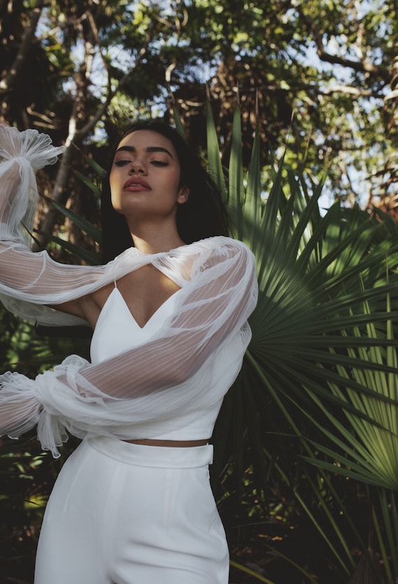fitted lace wedding dress Long Sleeve Ruched Sheer Mesh Crop Top | Off-Shoulder main image 0
