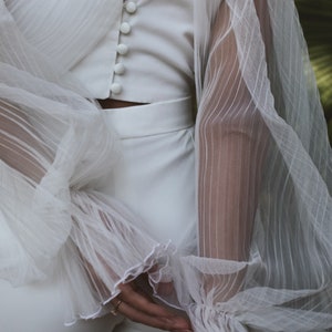Pleated Tulle Wedding Topper, Minimalist Bridal Bolero, Modern Wedding Dress Sheer Cover Up, Bridal Dress Long Sleeve Topper image 7