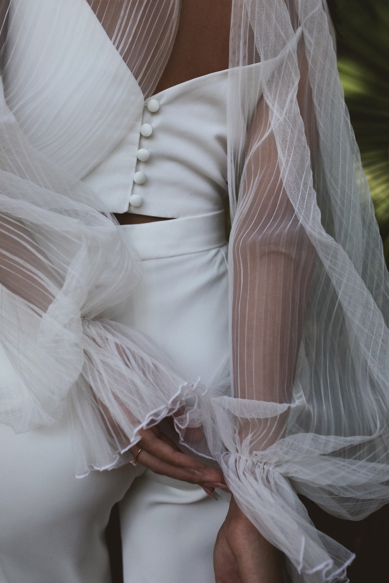 Pleated Tulle Wedding Topper, Minimalist Bridal Bolero, Modern Wedding Dress Sheer Cover Up, Bridal Dress Long Sleeve Topper image 7