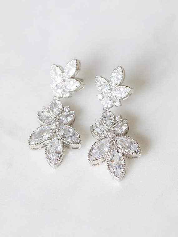 Silver Crystal Earrings Dangle Bridal Earrings Drop | Etsy
