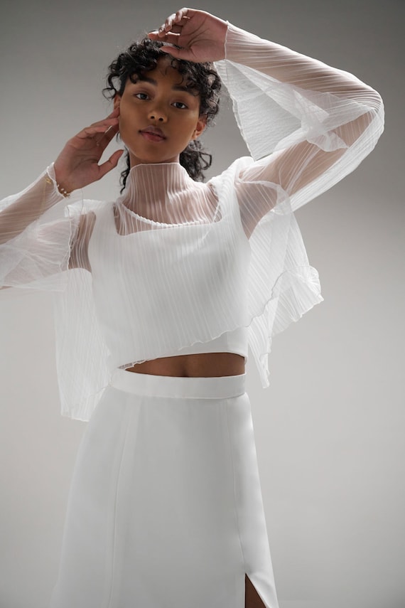 NEW Coquille High Neck Top, Pleated Tulle Wedding Coverup, Minimalist Bridal Topper, Long Sleeve Bridal Top, Wedding Dress Topper,