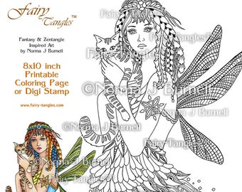 Luciana & Pepito Fairy Tangles Printable Adult Coloring Book Sheets by Norma Burnell Digital Coloring for Grownups Digital Coloring files