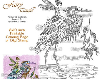 Gone Fishing Fairy Tangles Printable Coloring Book Pages and Sheets by Norma J Burnell for Digital Coloring and Adult Fairy riding Bird