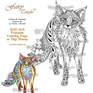Fairy-Tangles Zentangle Fox da colorare pagina di libro da colorare stampabile di Norma J Burnell Foglio da colorare digitale per adulti da colorare - Creazione di cartoline