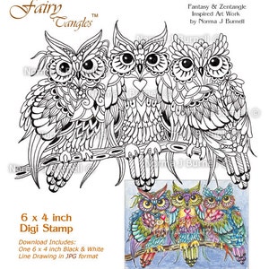 Trio - drie uilen in een Tree Fairy klitten afdrukbare Digi Stamps Zentangle uilen digitale stempel voor Scrapbooking kaart maken en inkleuren