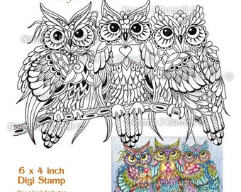 Threesome - Three Owls in a Tree Fairy Tangles Printable Digi Stamps Zentangle Owls Digital Stamp for Scrapbooking Card Making and coloring