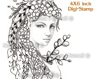 Pussywillow Spring Fairy Fairy Tangles Printable Digi Stamp Fairies Zentangle Digital Stamps for Card Making and Crafting Grayscale images