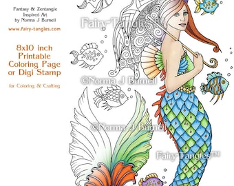 A Mermaid Takes a Stroll Fairy Tangles Printable Coloring book Sheets Norma Burnell Mermaids to color Digital Coloring pages Adult Coloring