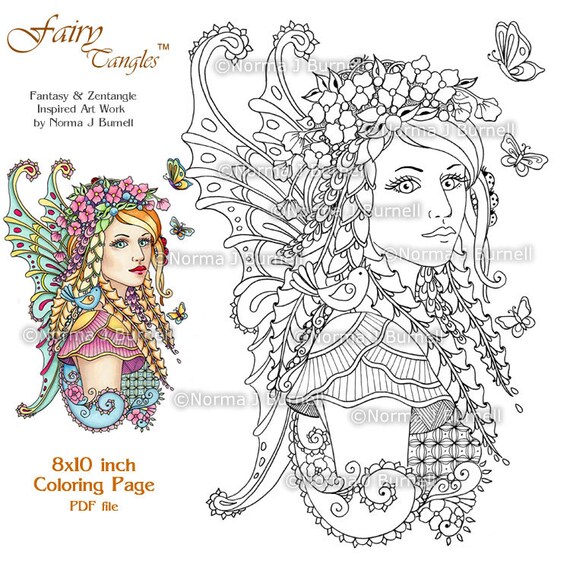 Guardian Of The Meadow Fairy Tangles Printable Coloring Book Pages And Sheets By Norma Burnell Fairies Coloring For Adults Digital Coloring