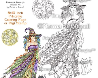 Windy Witch Fairy Tangles Printable Coloring Book Pages & Sheets by Norma J Burnell Halloween Witch, Coloring for Grownups Digital Coloring