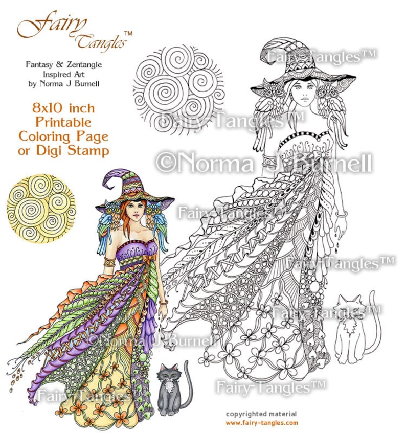 Windy Witch Fairy Tangles Pages de livre de coloriage imprimables et feuilles par Norma J Burnell Sorcière d'Halloween, coloriage pour les adultes Coloriage numérique image 1