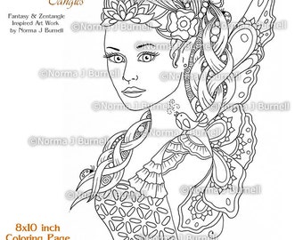 Fairy Tangles Printable Coloring Pages by Norma J Burnell Fairies to color Fairy with Bird Coloring Book Pages Printable Coloring sheets