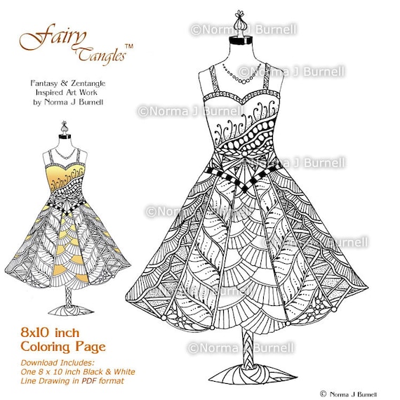 A Fairies Sundress Adult Printable Coloring Page by Norma Burnell 8x10 Digital Coloring Book Sheet Fairy Dress to Color Fairy Zentangle
