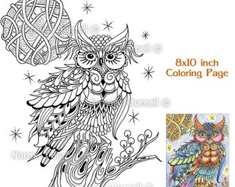 Moon Struck Fairy Tangles Hibou Pleine Lune et Étoiles Pages de coloriage imprimables pour adultes Feuilles de coloriage Hiboux à colorier