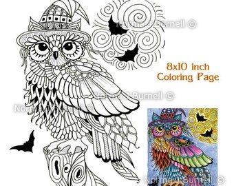 Halloween Trick or Treat Owl with Full Moon and Bats Fairy-Tangles Printable Adult Coloring Book Pages Coloring Sheets by Normaj Burnell
