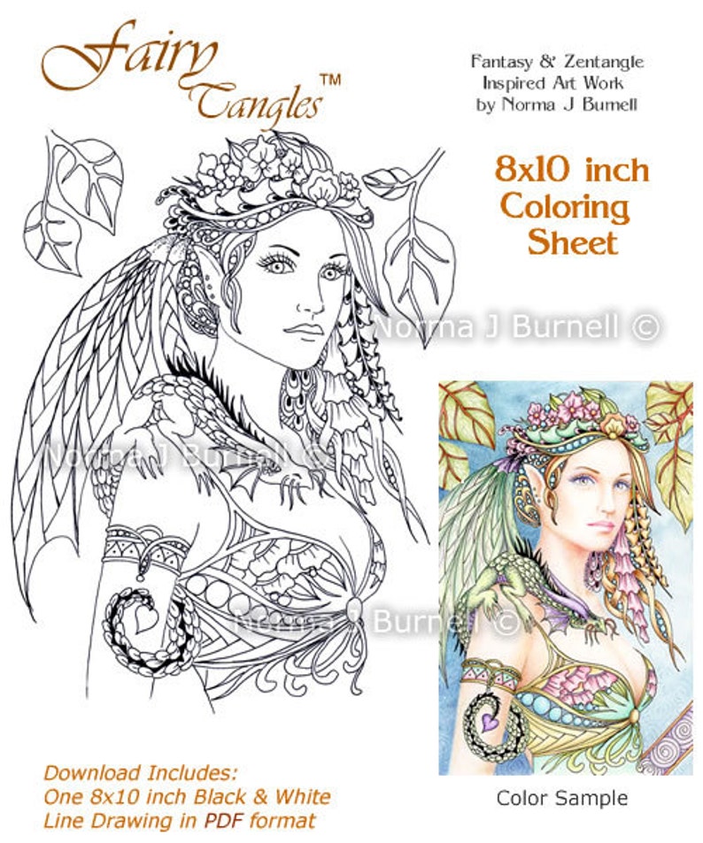 Cybele and Kaida Little Dragon Fairy Tangles digital Printable Coloring Book Pages Sheets Norma Burnell Dragons Adult Coloring for Grownups image 1