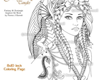 Fira & Drake Fairy Tangles Printable Coloring Book Pages by Norma Burnell Digital Coloring Sheets Fairies Dragons to Color - Adult coloring