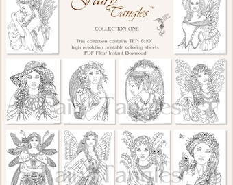 Fairy Tangles Printable Coloring Book Collection One - TEN printable coloring pages Digital Coloring Books Adult Coloring Norma J Burnell