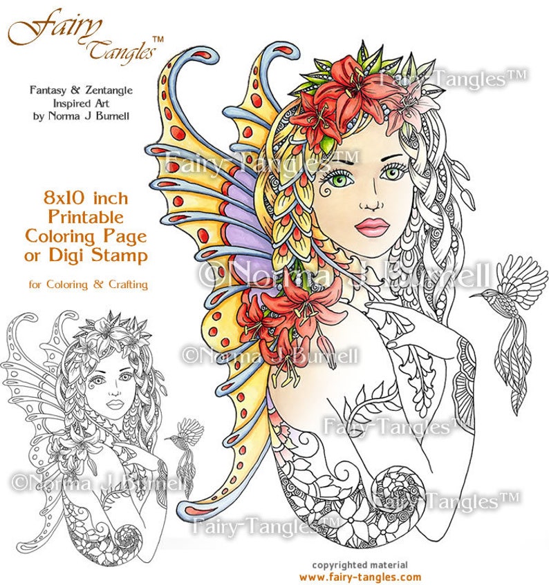 Fay Lily Fairy Tangles Printable Coloring Book Pages by Norma J Burnell 8x10 Coloring Book Sheets for Adults Fairies to Color image 1