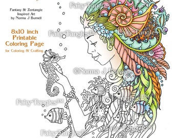 Mermaid and Seahorse Printable Coloring pages - Fairy Tangles Printable Coloring book Sheets Norma J Burnell Mermaids Digital Coloring pages