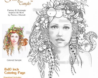 October Autumn Fairy Tangles Adult Printable Coloring Sheets by Norma Burnell Coloring Book Pages Fairies Squirrel Grayscale Images to color