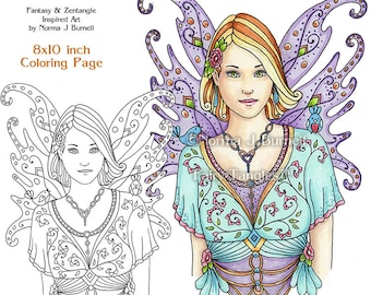 Fay Fairy Printable Coloring Book Sheets & Pages by Norma J Burnell Fairies to color Adult Coloring for Grownups Digital Coloring pages