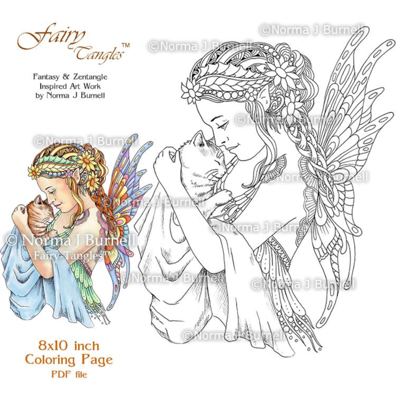 Fairy Tangles Printable Coloring Pages Norma J Burnell Fairies Etsy