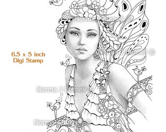 Song of Spring Fairy Tangles Grayscale Printable Digi Stamp Fairies Butterflies and Birds Digital Stamps for Crafting & Cardmaking coloring