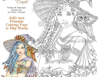 Witchy Woman & Owl Friends Fairy Tangles Printable Coloring Book Pages Adult Coloring Book Sheets by Norma J Burnell Halloween Witch Owl