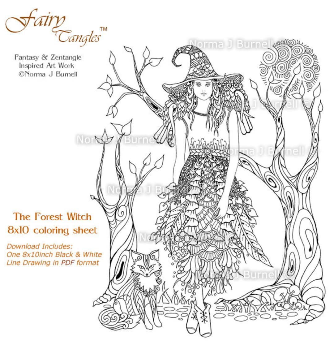 The Forest Witch Fairy Tangles Printable Coloring Pages Norma Burnell ...