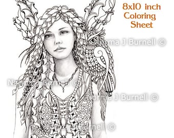 Fairy and Owl - Fairy Tangles Printable Coloring Sheets & Coloring Pages by Norma J Burnell Fairies Owls for Adult and Digital Coloring