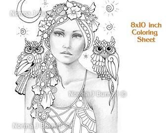 Sweet Pea & The New Moon Fairy Tangles grayscale Printable Coloring Sheets Fairies Owl Adult Coloring Pages for coloring digital coloring