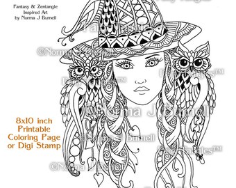 Miss Witch - Printable Fairy Tangles Coloring Book Pages Coloring Sheets by Norma J Burnell Halloween coloring sheets Witch and Owl to color