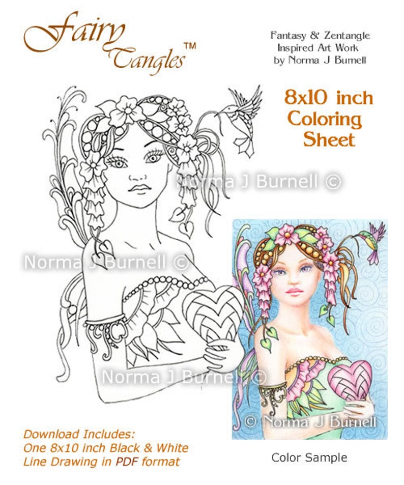 Be Mine Love Fairy Tangles Printable Coloring Sheet Coloring Page by Norma J Burnell Fairies Valentines Day Coloring pages image 1