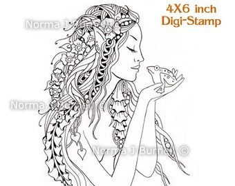 The Kiss Fairy Tangles Digi Stamp Fairies Zentangle Stamps DIGI Download Digital Stamp Fairy Kissing Frog