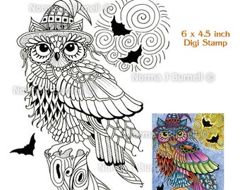 Halloween Trick or Treat Owl Fairy Tangles Digi Stamp Zentangle Owls Digital Stamps for Scrapbooking and Card Making by Norma J Burnell