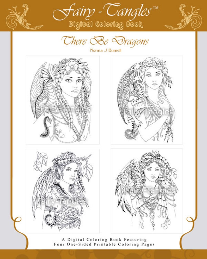 There Be Dragons Printable Digital Coloring Book by Norma J Burnell Dragons and Fairies to Color Fairy Dragon Adult Coloring for Grownups image 1