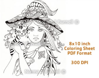 Griselda et Mr Binks Witch and Cat - Printable Fairy Tangles Digi Coloring Sheets and Coloring Page par Norma J Burnell Sorcières à colorier