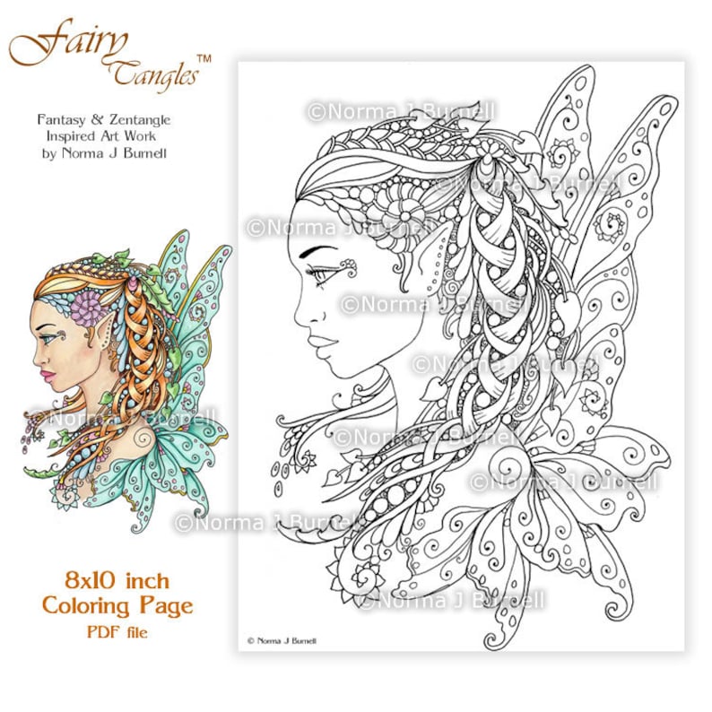 Fairy Tangles Printable Coloring Pages Norma J Burnell Coloring Book sheets Fairies to Color Adult Coloring Digital Coloring images & files image 1